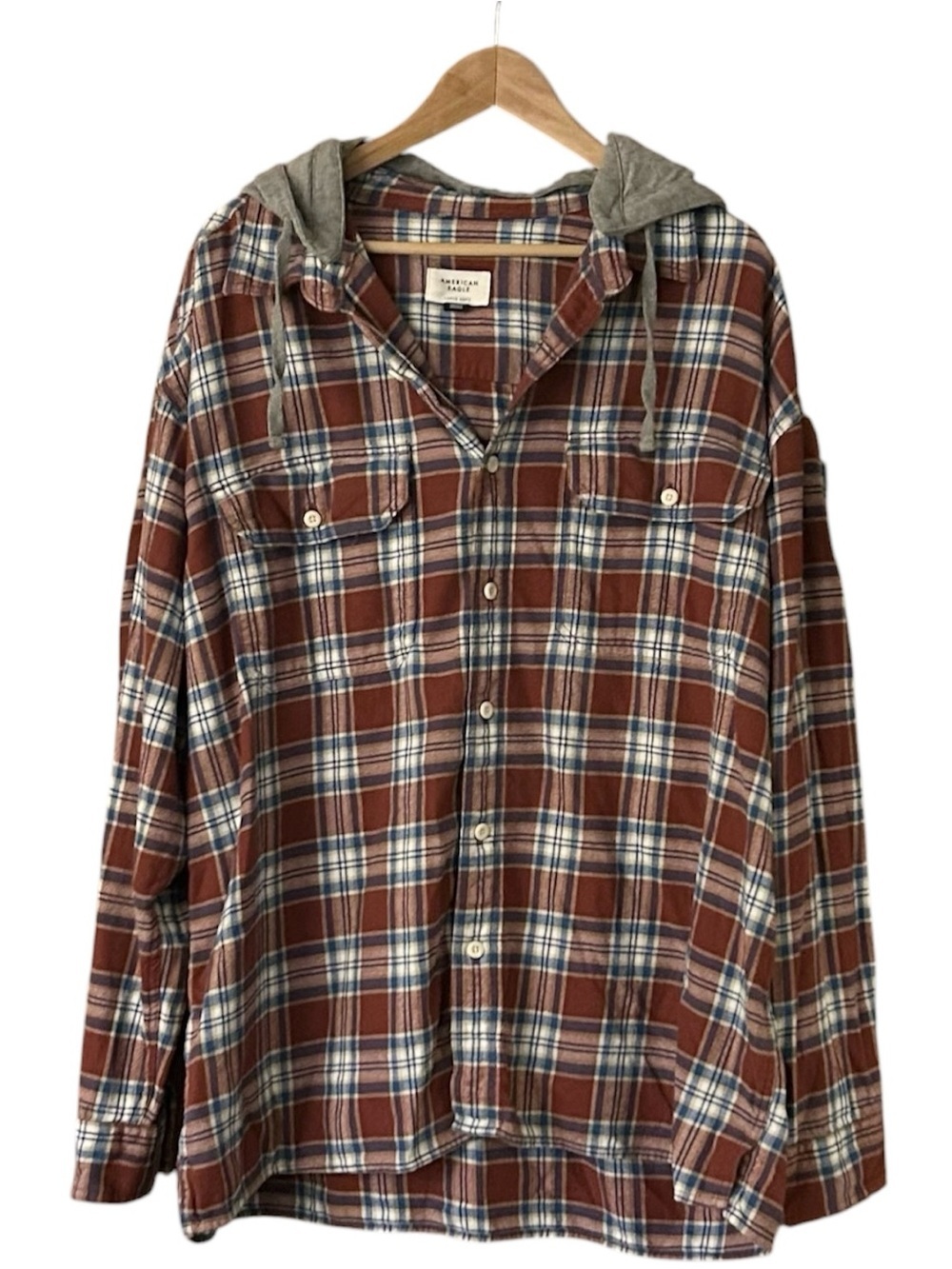 American Eagle Plaid Hooded Flannel Shirt Mens XXL Shacket Flannel